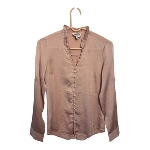 Express Portofino Slim Fit Blouse Blush Pink Satin Ruffle Neck Button Front